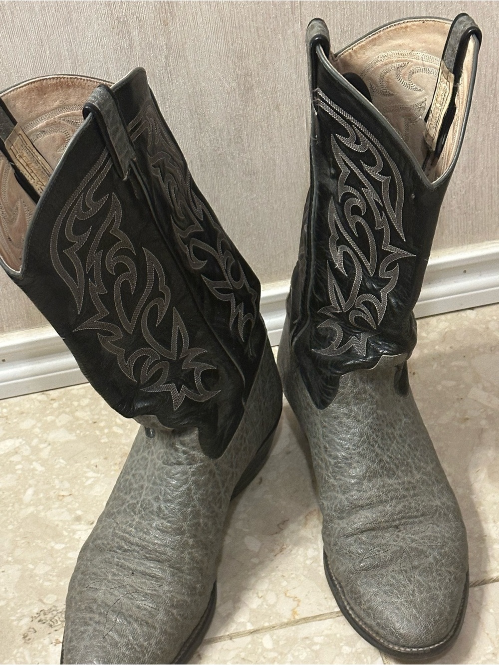 Larry Mahan Gray Elephant Foot with Black Leather Embroidered Shaft Cowboy Boots - Picture 8 of 16